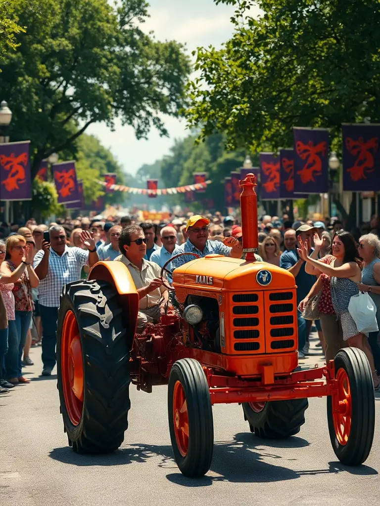 A vintage tractor participating in a local parade, with community members cheering and celebrating the historical significance of the vehicle.