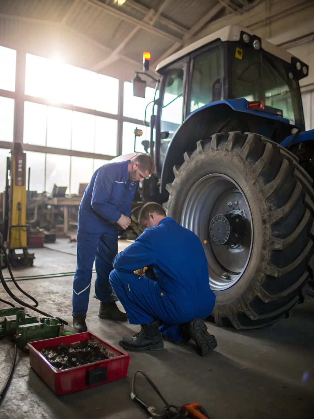 A group of volunteers working together on restoring a vintage tractor in a workshop setting, showcasing teamwork and technical skills.