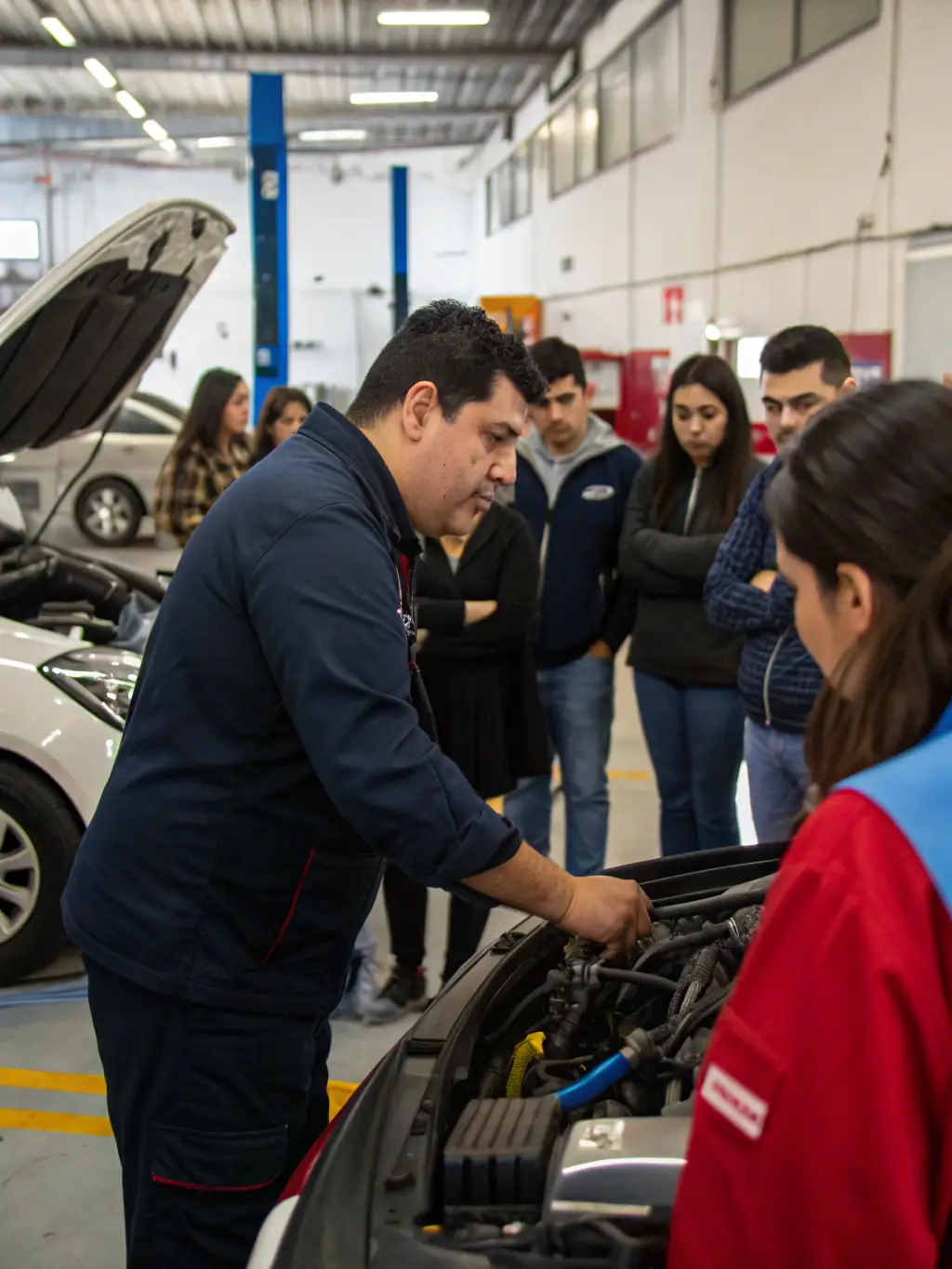 A photograph of a group of people attending a lecture or demonstration on vintage vehicle maintenance, emphasizing the transmission of know-how.