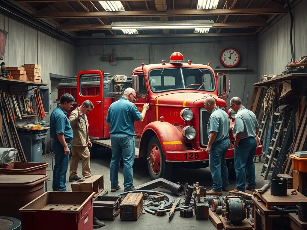 A group of volunteers working together on restoring a vintage tractor in a well-equipped workshop, showcasing teamwork and dedication to preserving mechanical heritage.