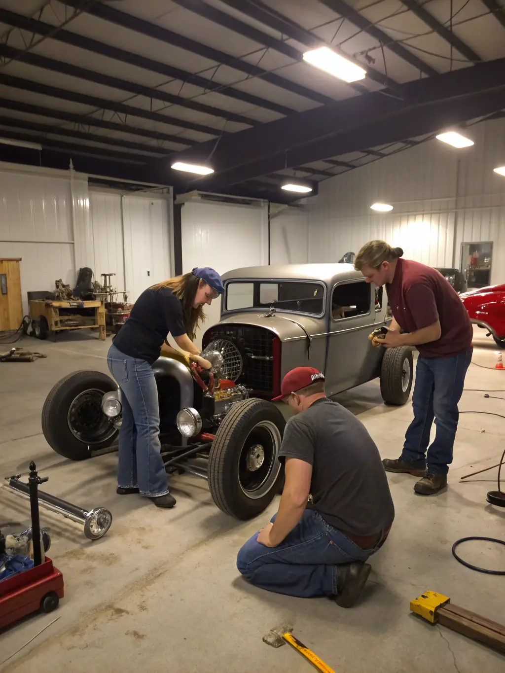 A group of people working together on restoring a vintage tractor in a workshop setting, showcasing the hands-on learning experience.