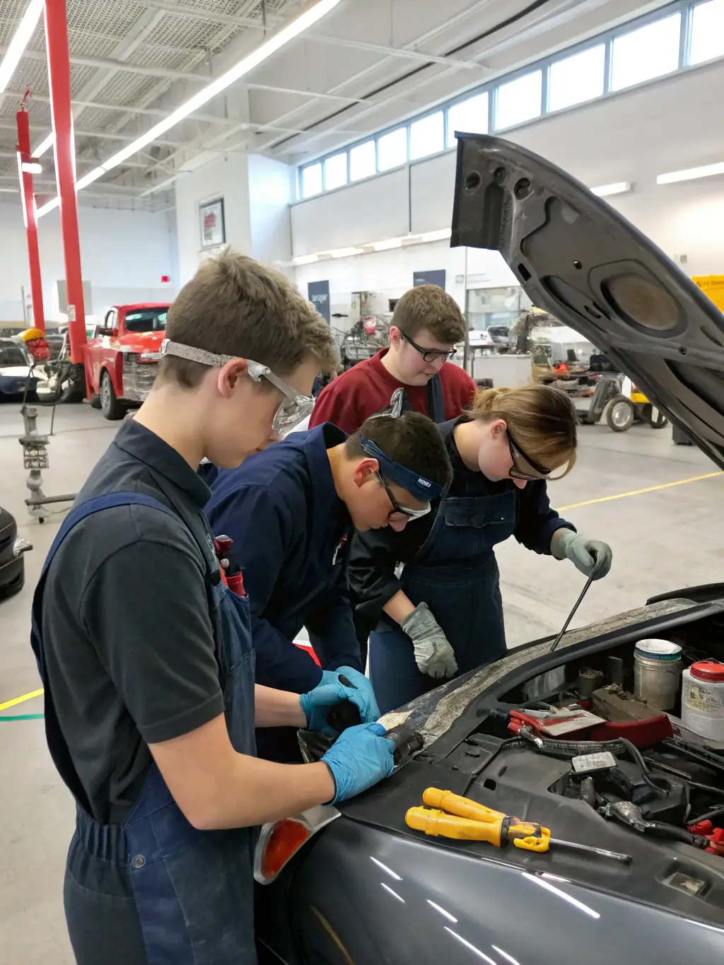 A photo of children participating in an educational workshop about vintage mechanics, highlighting intergenerational knowledge transfer.