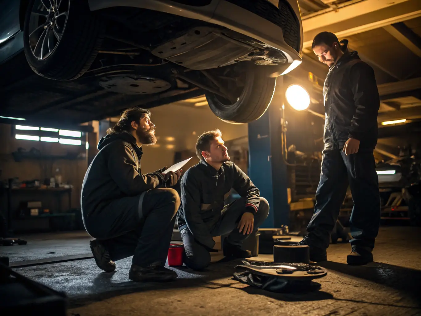 A group of participants working on vintage car engines in a well-equipped workshop, with tools and restored vehicles in the background.