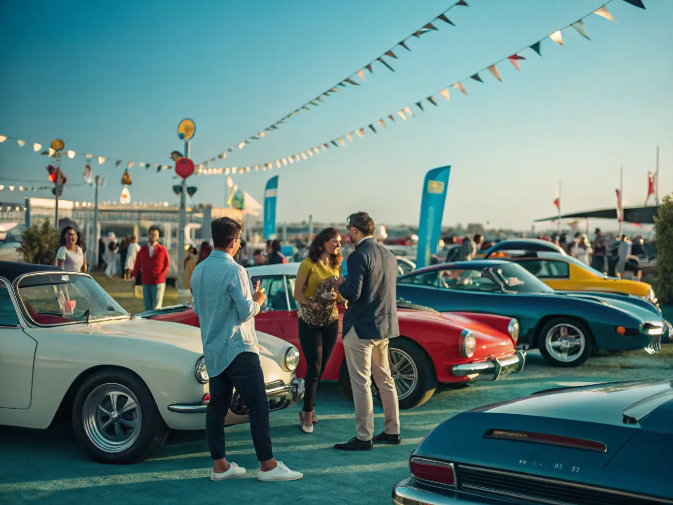 A vibrant scene of a vintage car rally organized by ASS NORMANDE DE TRACTOSAURES, featuring classic cars driving through the scenic Normandy countryside, with spectators cheering them on.