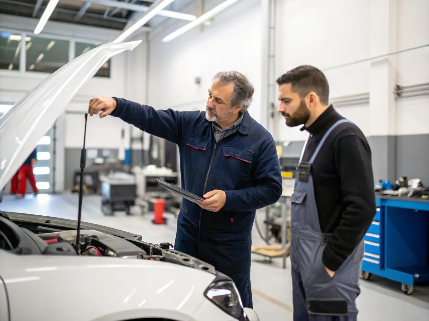 A photograph capturing an intergenerational educational meeting, where experienced mechanics are teaching young enthusiasts about the intricacies of vintage engines and mechanical systems.